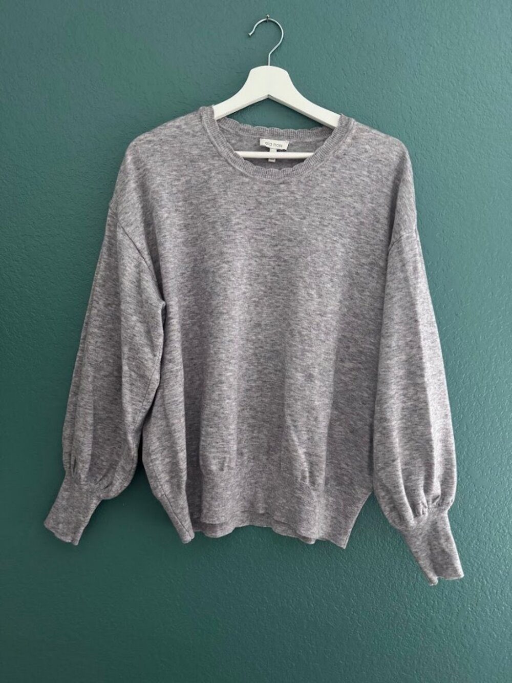 Ella Moss Maggie Puff Sleeve Scalloped Neck Knit Sweater Heather Gray XL